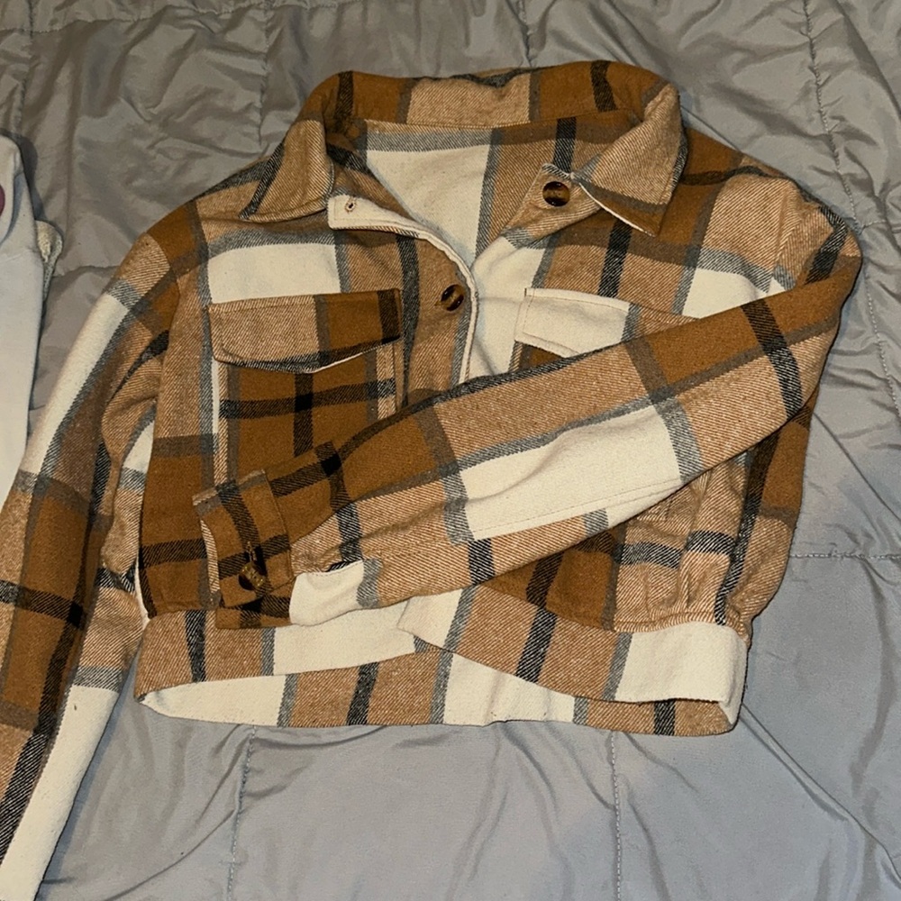 Brown and cream plaid button-up jacket
